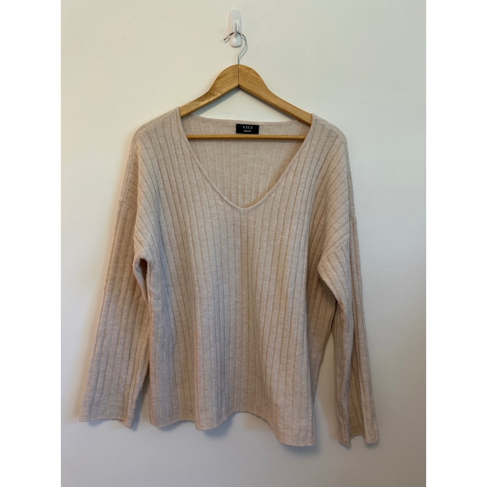 VICI Beige Ribbed V-Neck Oversized Sweater | Size Medium